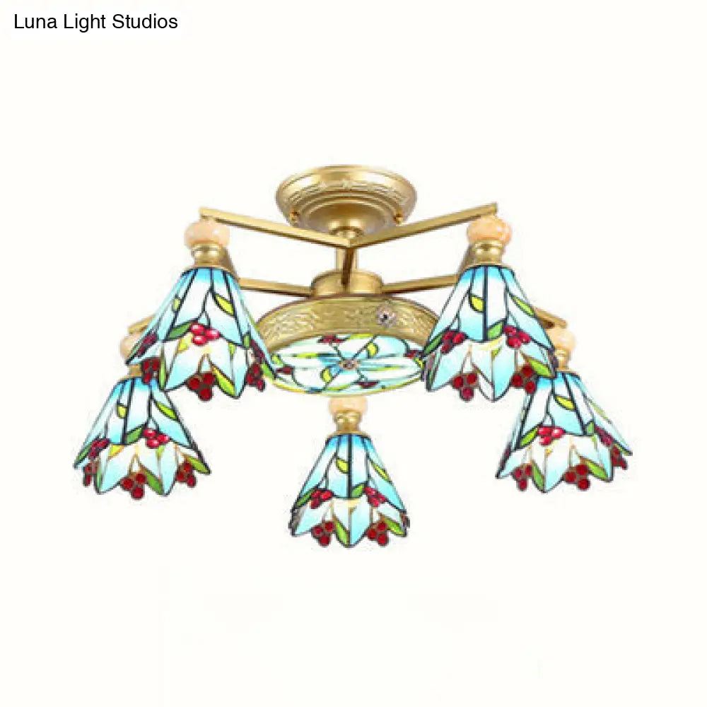 Blue Stained Glass Cone Semi Flush Lamp - Nautical Style Ceiling Light (4/6/7-Lights)