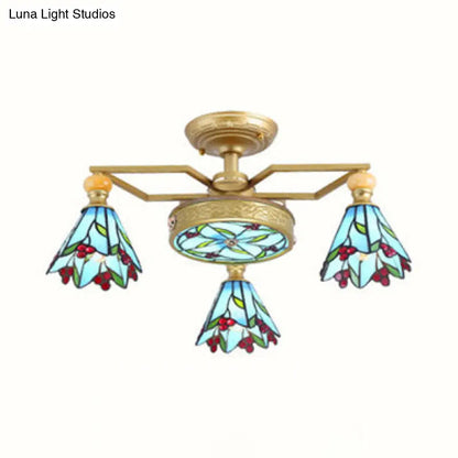 Blue Stained Glass Cone Semi Flush Lamp - Nautical Style Ceiling Light (4/6/7-Lights)