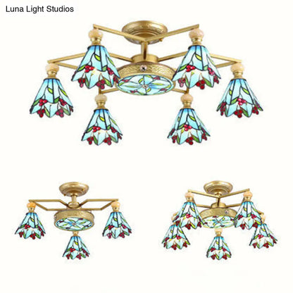 Blue Stained Glass Cone Semi Flush Lamp - Nautical Style Ceiling Light (4/6/7-Lights)