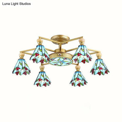 Blue Stained Glass Cone Semi Flush Lamp - Nautical Style Ceiling Light (4/6/7-Lights)