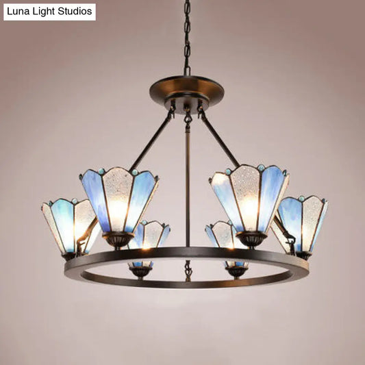 Blue Stained Glass Conical Pendant Chandelier with 6 Lights - Traditional Lamp