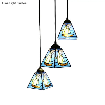 Blue Stained Glass Conical Tiffany Hanging Lamp - Mini Cluster Pendant with 3 Bulbs for Living Room