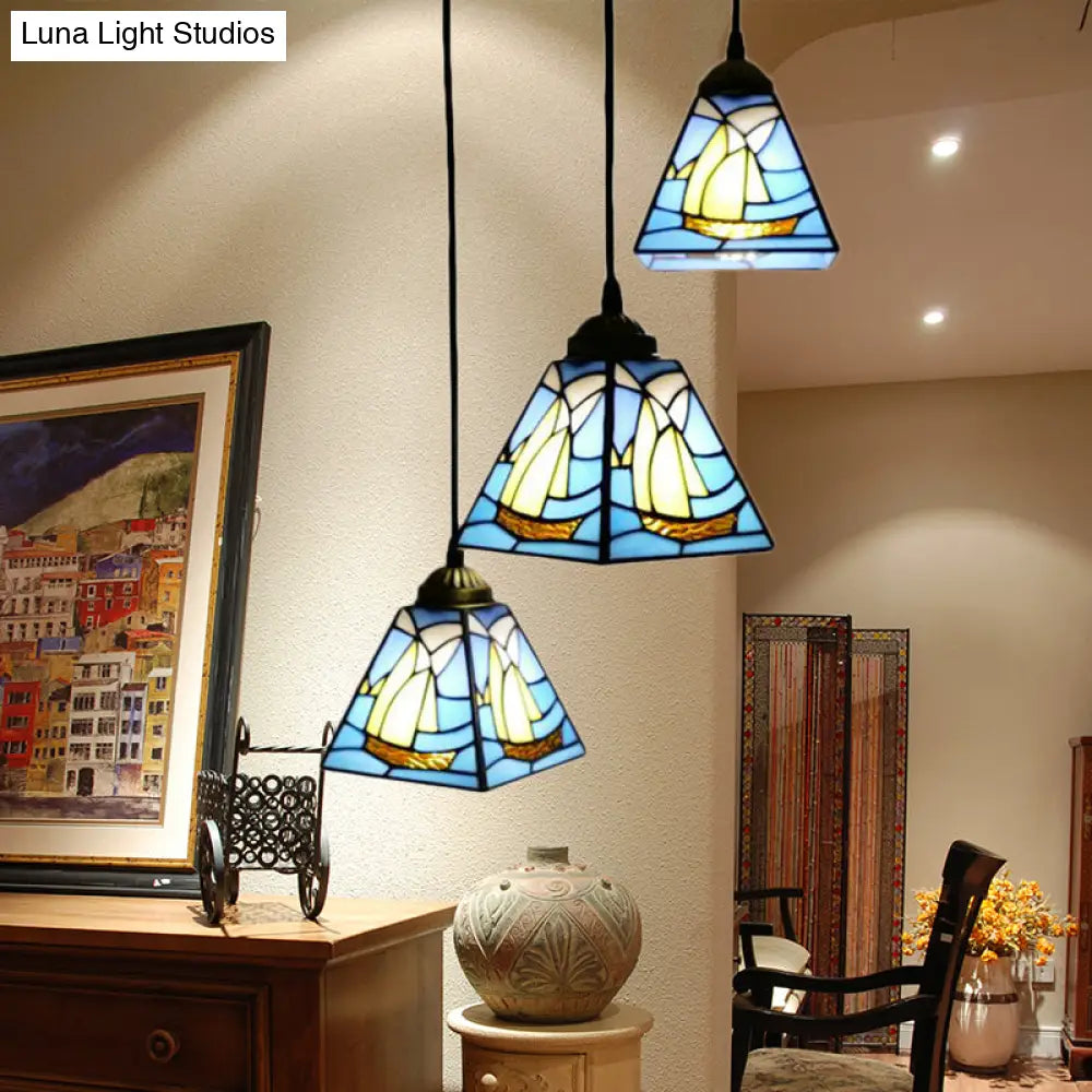 Blue Stained Glass Conical Tiffany Hanging Lamp - Mini Cluster Pendant with 3 Bulbs for Living Room