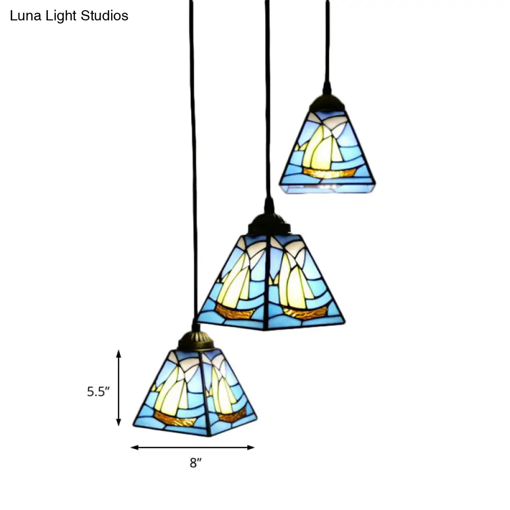 Blue Stained Glass Conical Tiffany Hanging Lamp - Mini Cluster Pendant with 3 Bulbs for Living Room