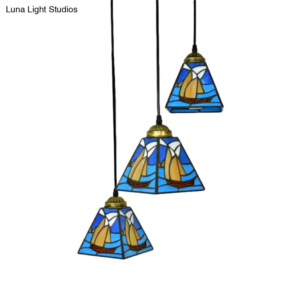 Blue Stained Glass Conical Tiffany Hanging Lamp - Mini Cluster Pendant with 3 Bulbs for Living Room