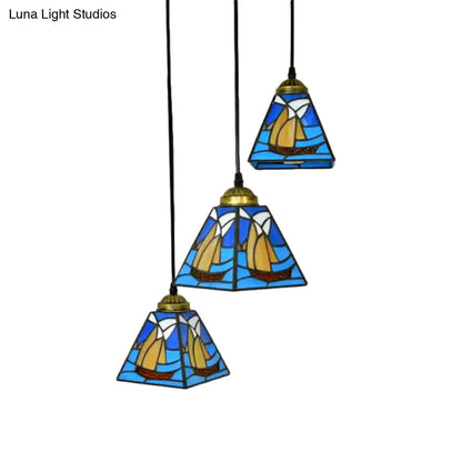 Blue Stained Glass Conical Tiffany Hanging Lamp - Mini Cluster Pendant with 3 Bulbs for Living Room