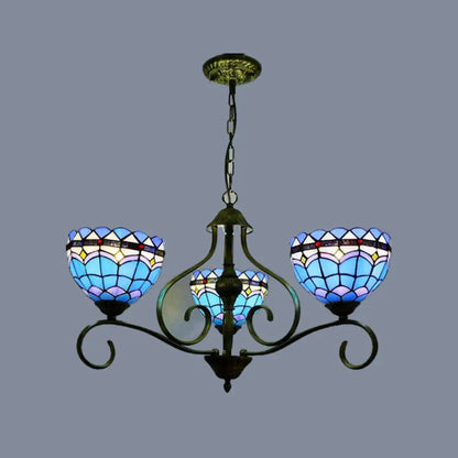 ثريا زجاجية زرقاء مقببة مع 3/6/8 مصابيح، على الطراز المتوسطي، مثالية لغرف النوم - لمسة نهائية سوداء، عرض 25.5 بوصة/34 بوصة/37.5 بوصة