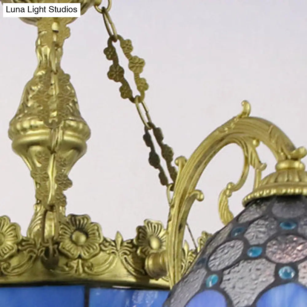 Blue Stained Glass Dome Pendant Light with Mediterranean Charm
