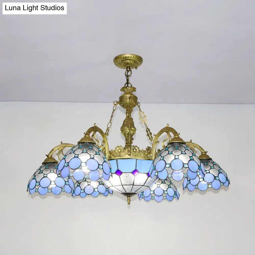 Blue Stained Glass Dome Pendant Light with Mediterranean Charm