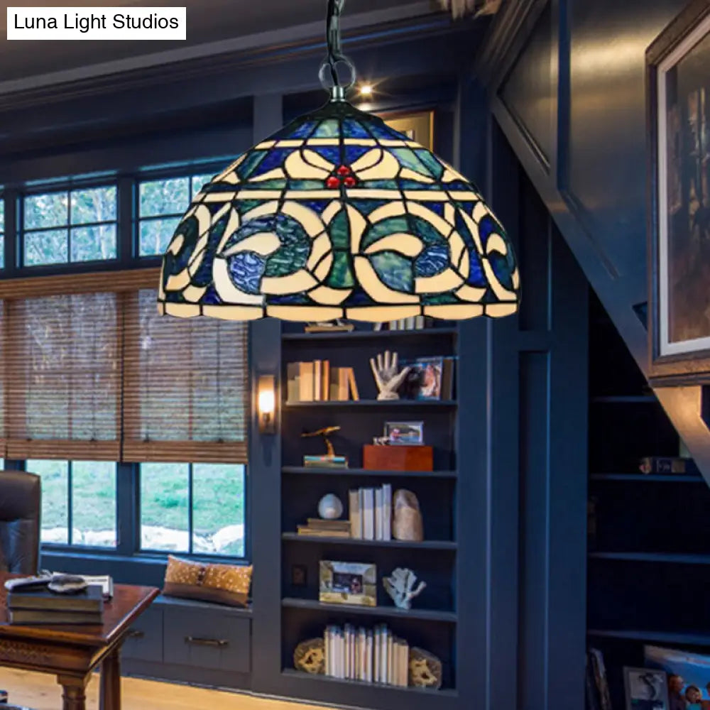 Blue Stained Glass Dome Suspension Light for Restaurant - Retro Tiffany Loft Style