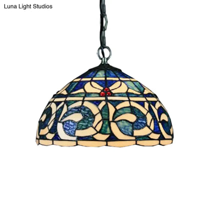 Blue Stained Glass Dome Suspension Light for Restaurant - Retro Tiffany Loft Style