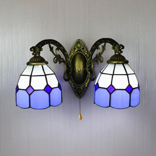 Blue Stained Glass Dome Wall Lamp - Nautical 2 Heads, 6"/8" W, Pull Chain - Ideal for Bedroom