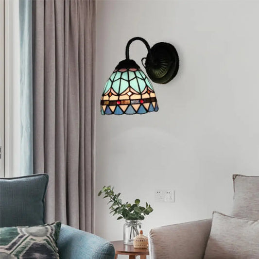 Blue Stained Glass Domed Wall Light - Mediterranean Style for Staircase