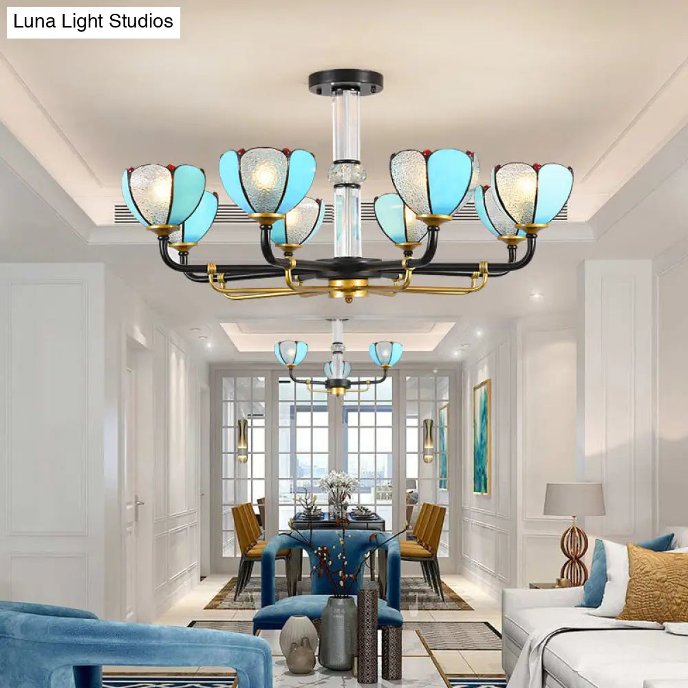 Lámpara de araña floral de vitral azul - Lámpara colgante tradicional para sala de estar - 6/8 luces