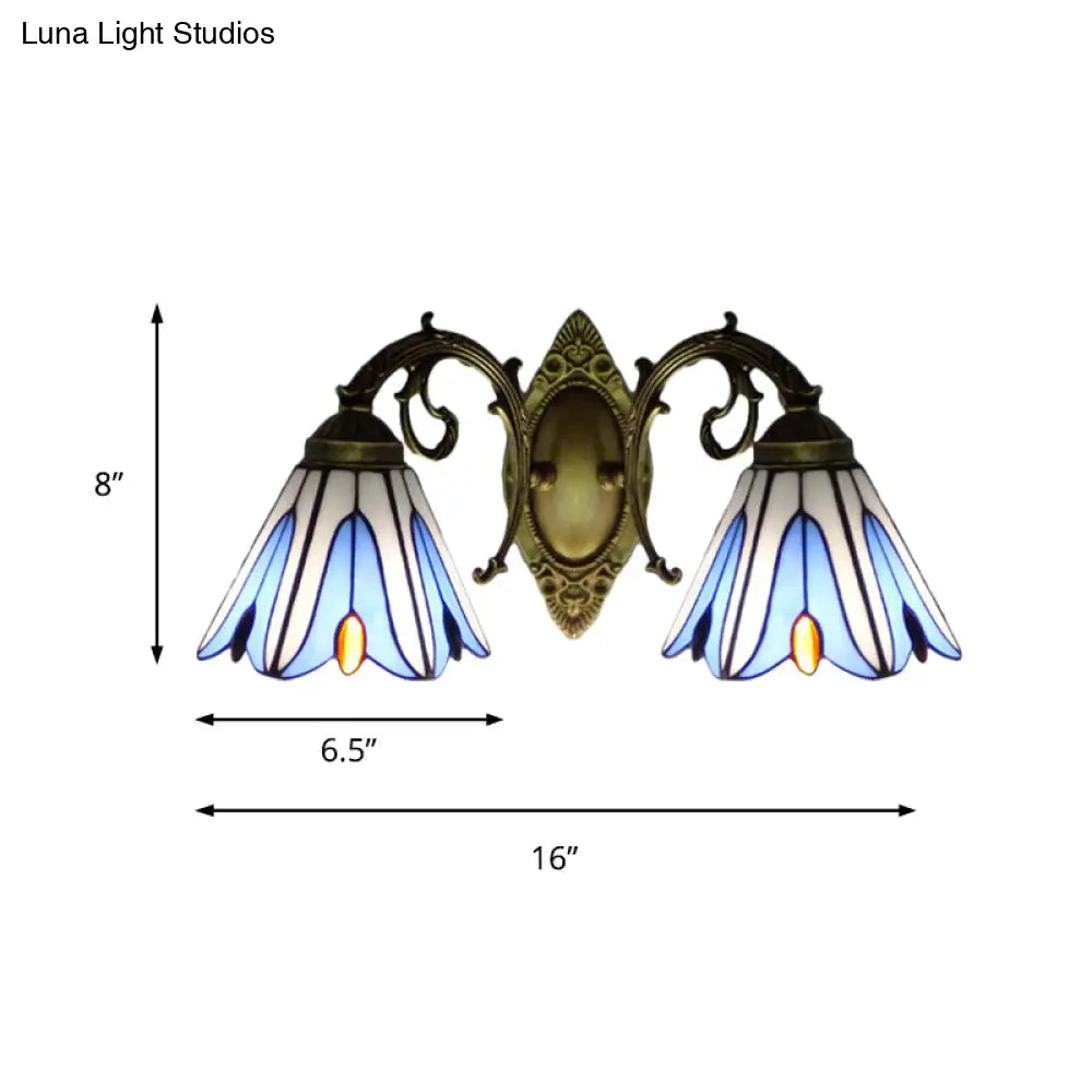Blue Stained Glass Floral Sconce - 2-Light Wall Fixture for Corridor in Tiffany Style