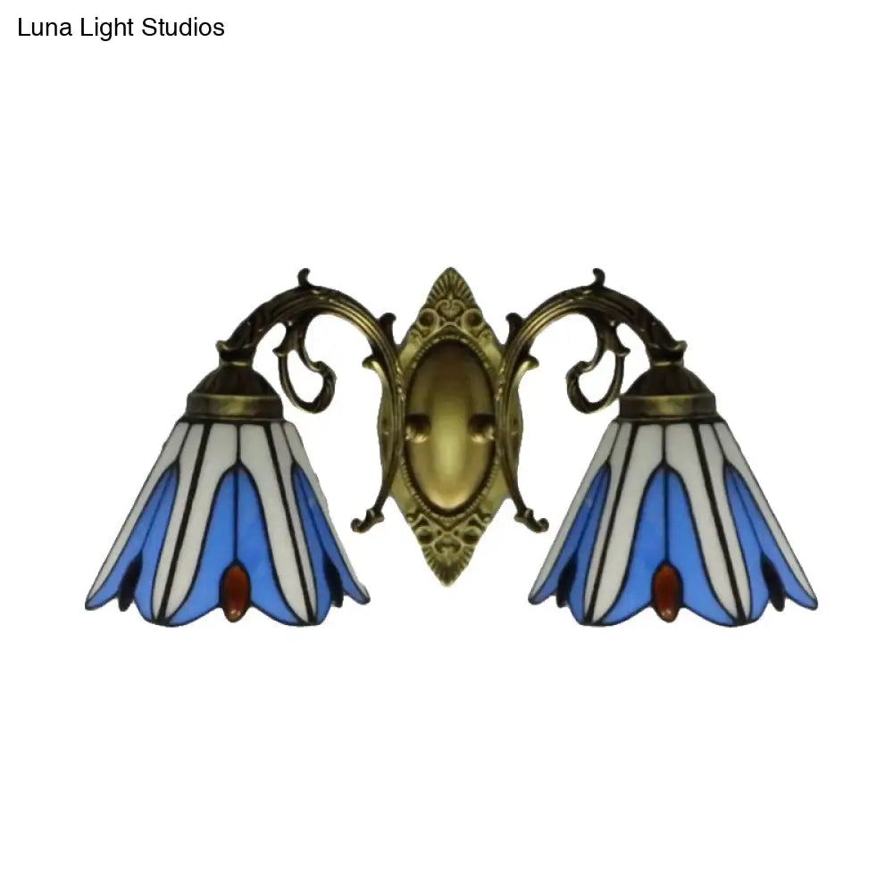 Blue Stained Glass Floral Sconce - 2-Light Wall Fixture for Corridor in Tiffany Style