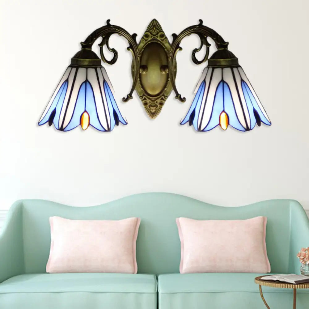 Blue Stained Glass Floral Sconce - 2-Light Wall Fixture for Corridor in Tiffany Style