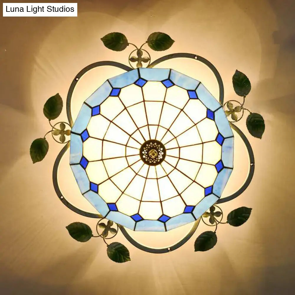 DecorBites™ Blue Stained Glass Flushmount Ceiling Light with Leaf Accents