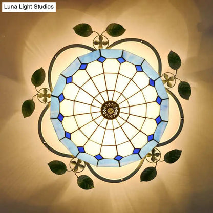 DecorBites™ Blue Stained Glass Flushmount Ceiling Light with Leaf Accents