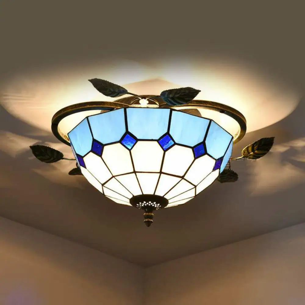 DecorBites™ Blue Stained Glass Flushmount Ceiling Light with Leaf Accents