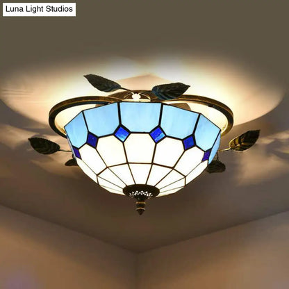 DecorBites™ Blue Stained Glass Flushmount Ceiling Light with Leaf Accents