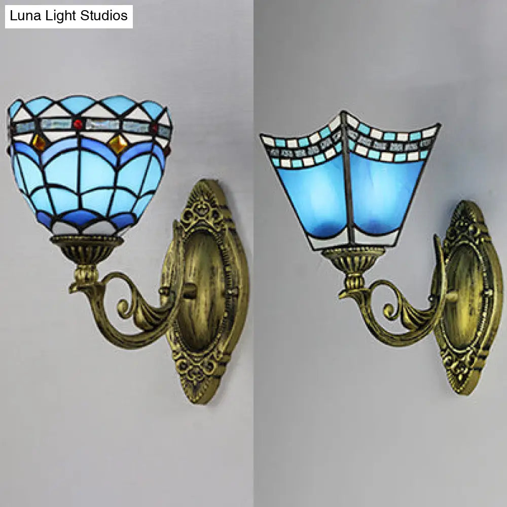 Blue Stained Glass Nautical Wall Sconce with Dome/Swallow-Tail Shape - 1 Light Wall Mount Light