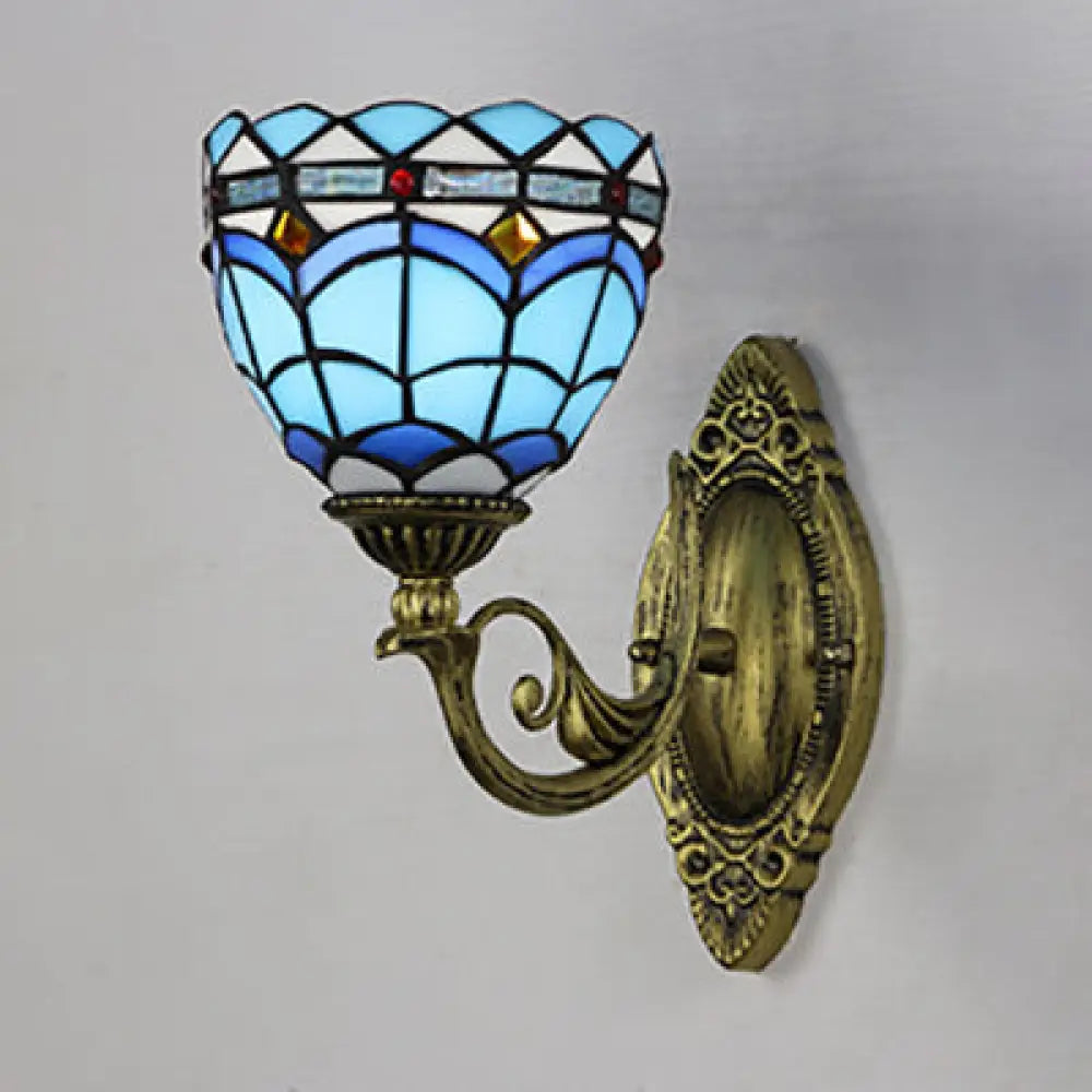 Blue Stained Glass Nautical Wall Sconce with Dome/Swallow-Tail Shape - 1 Light Wall Mount Light
