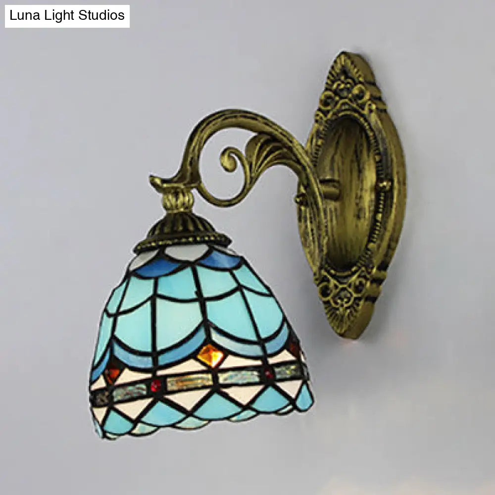 Blue Stained Glass Nautical Wall Sconce with Dome/Swallow-Tail Shape - 1 Light Wall Mount Light