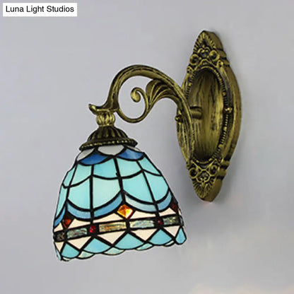 Blue Stained Glass Nautical Wall Sconce with Dome/Swallow-Tail Shape - 1 Light Wall Mount Light