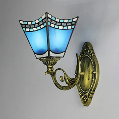 Blue Stained Glass Nautical Wall Sconce with Dome/Swallow-Tail Shape - 1 Light Wall Mount Light
