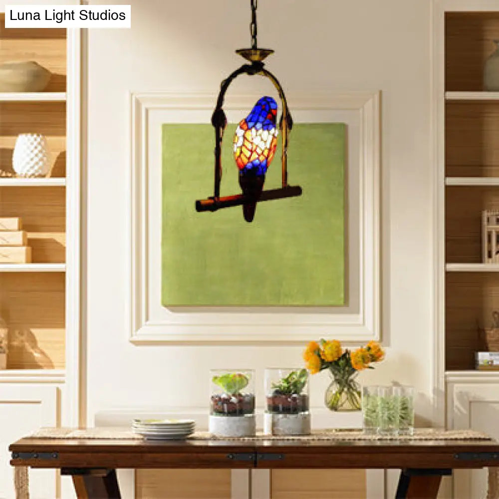 Blue Stained Glass Parrot Ceiling Pendant with Swing: Tiffany Style, Suspended Light