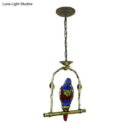 Blue Stained Glass Parrot Ceiling Pendant with Swing: Tiffany Style, Suspended Light