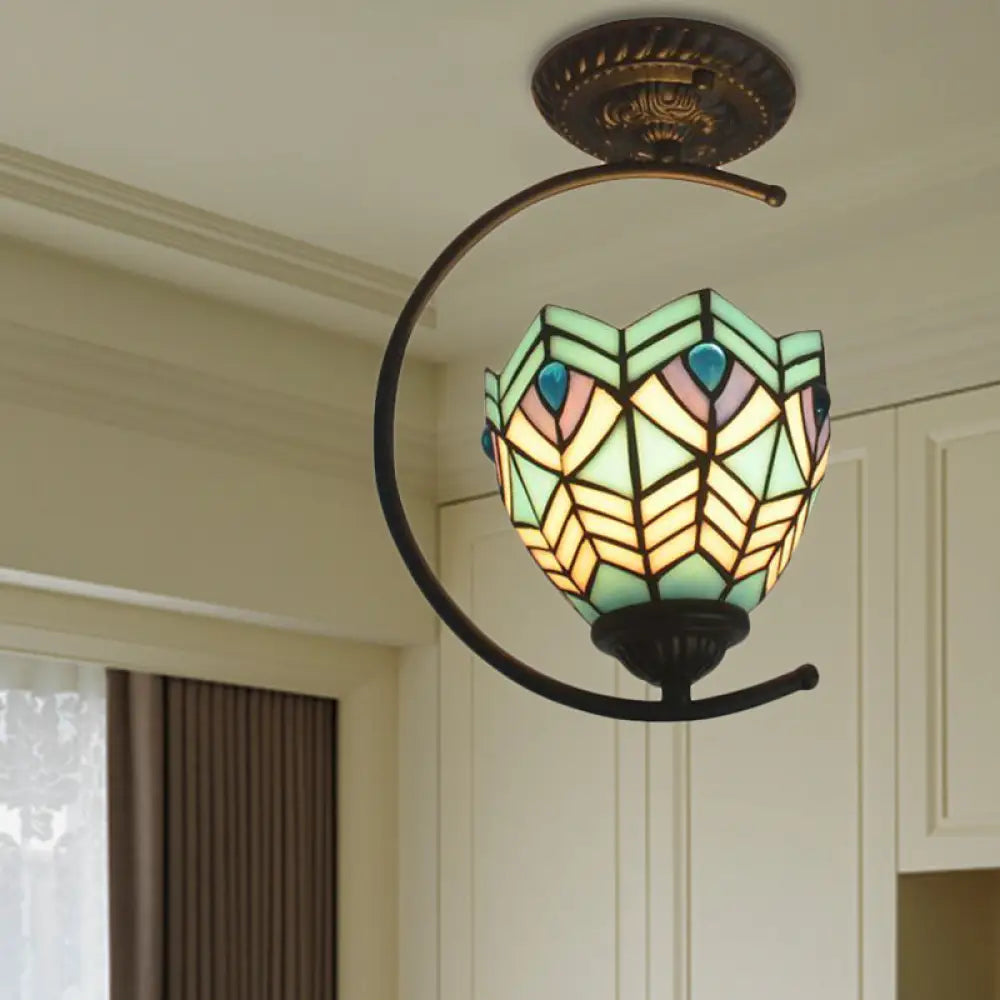 DecorBites™ Blue Stained Glass Peacock Ceiling Mount Light - Tiffany Style Creative Lamp for Cafes