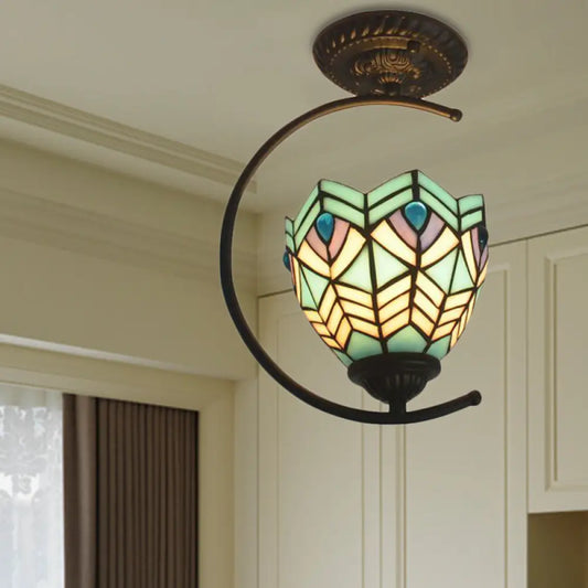 DecorBites™ Blue Stained Glass Peacock Ceiling Mount Light - Tiffany Style Creative Lamp for Cafes