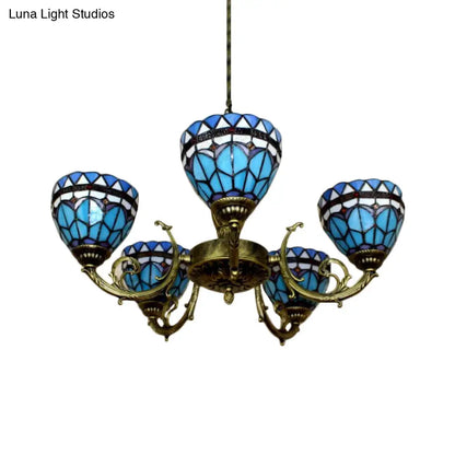 Blue Stained Glass Pendant Chandelier with 5 Heads for Mediterranean Lighting