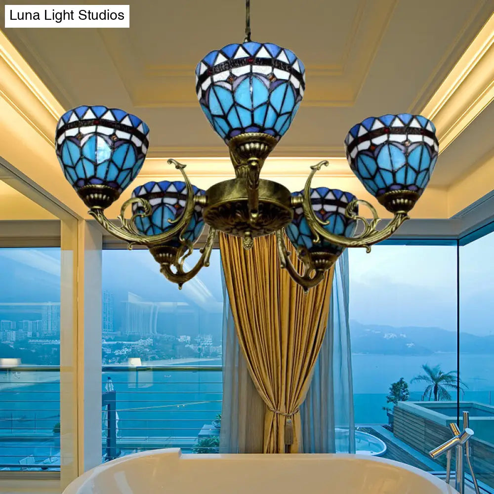 Blue Stained Glass Pendant Chandelier with 5 Heads for Mediterranean Lighting