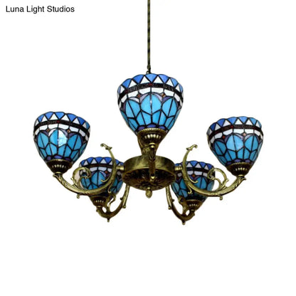 Blue Stained Glass Pendant Chandelier with 5 Heads for Mediterranean Lighting