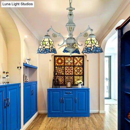 Blue Stained Glass Pendant Chandelier with Traditional Pattern for Indoor Dining