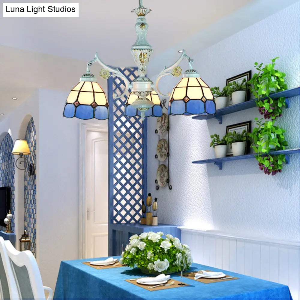 Blue Stained Glass Pendant Chandelier with Traditional Pattern for Indoor Dining