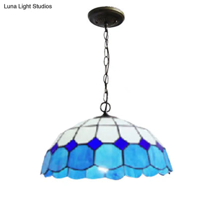 Blue Stained Glass Pendant Lamp: Elegant Mediterranean Hanging Light for Dining Room (2 Bulbs Included)