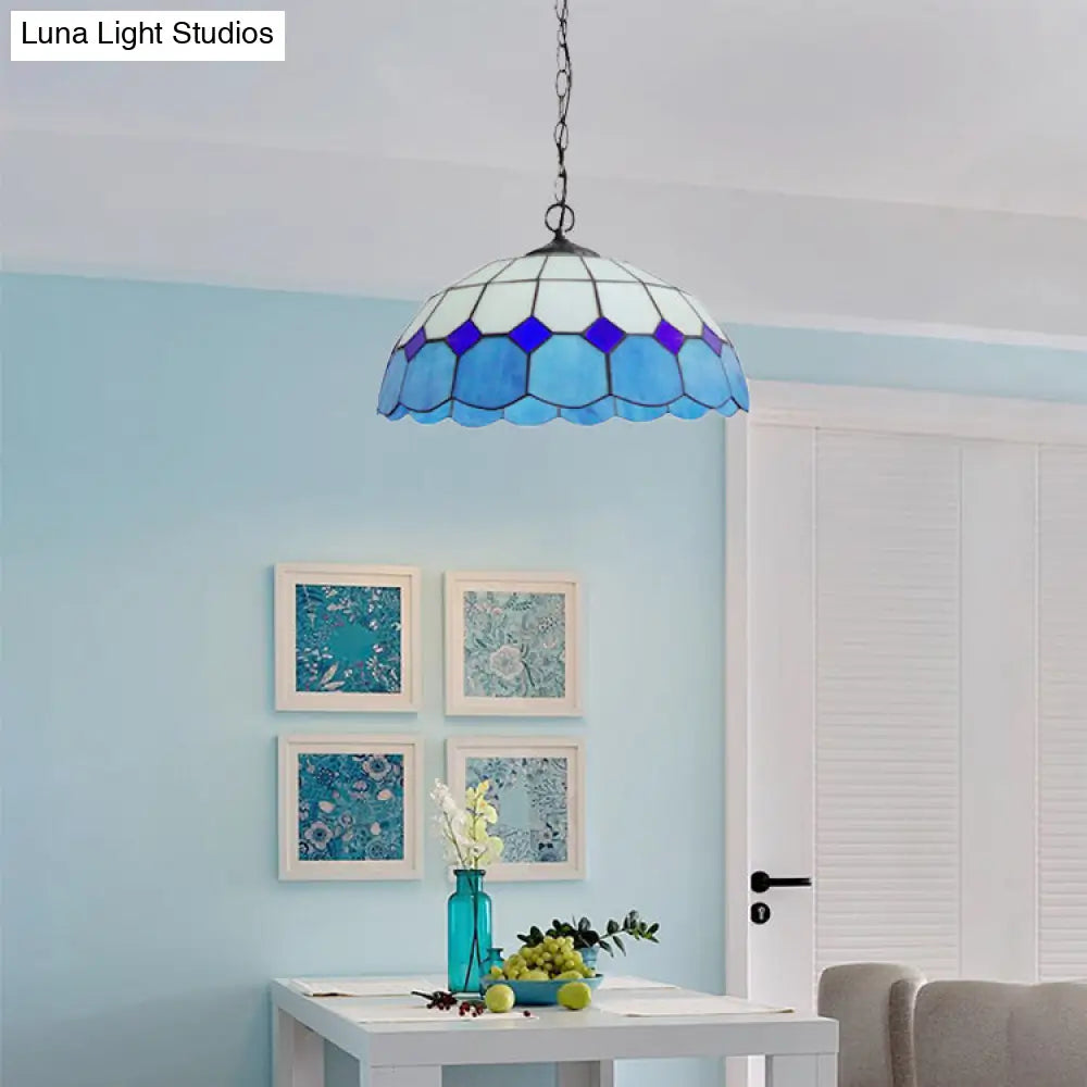 Blue Stained Glass Pendant Lamp: Elegant Mediterranean Hanging Light for Dining Room (2 Bulbs Included)