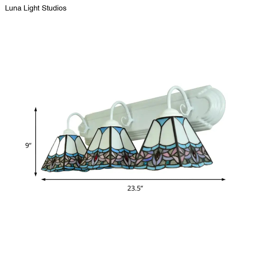 Blue Stained Glass Pyramid Sconce Light - Wall Mounted 3-Head Fixture for Living Room