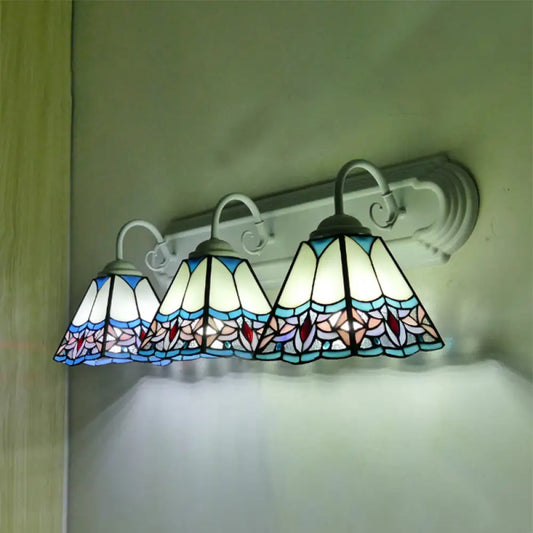 Blue Stained Glass Pyramid Sconce Light - Wall Mounted 3-Head Fixture for Living Room