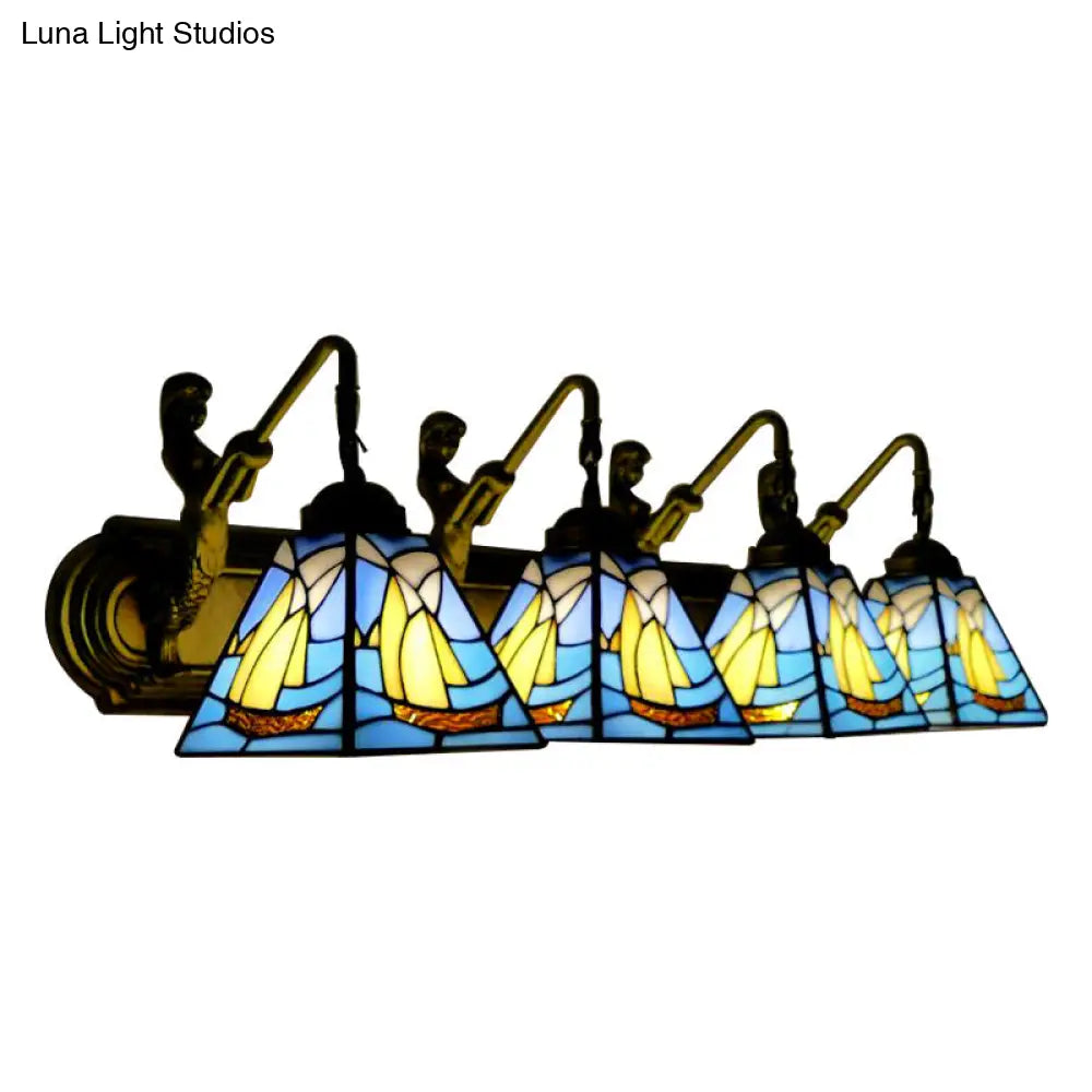 Blue Stained Glass Sconce Light: Mediterranean Sailboat Design with 4 Heads