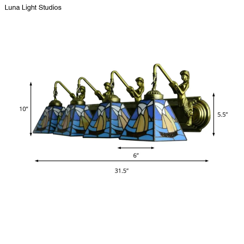 Blue Stained Glass Sconce Light: Mediterranean Sailboat Design with 4 Heads
