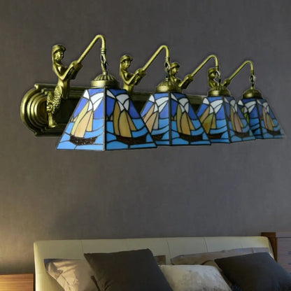 Blue Stained Glass Sconce Light: Mediterranean Sailboat Design with 4 Heads