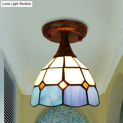 Blue Stained Glass Semi Flush Light: Mini Mediterranean Ceiling Fixture for Corridor