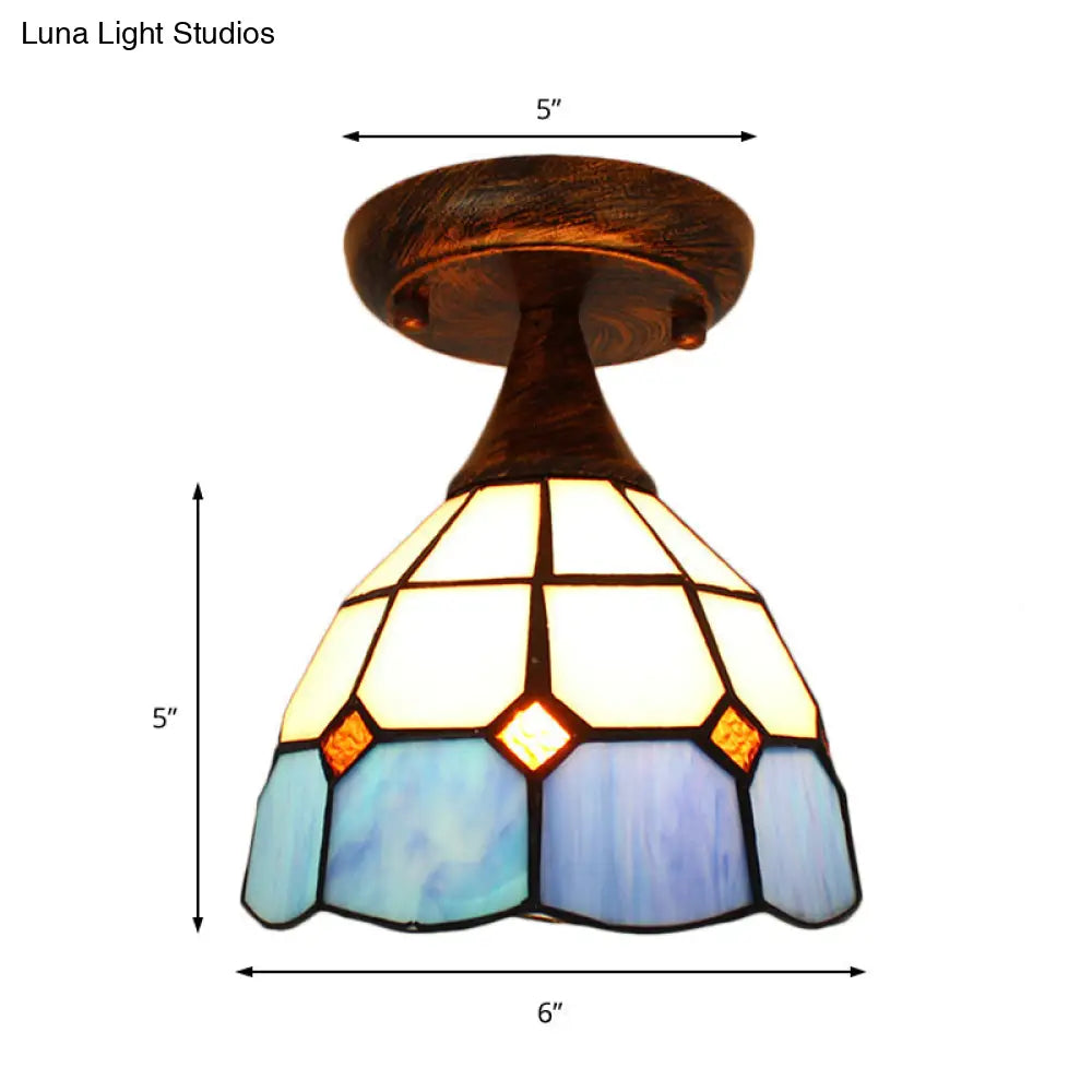 Blue Stained Glass Semi Flush Light: Mini Mediterranean Ceiling Fixture for Corridor