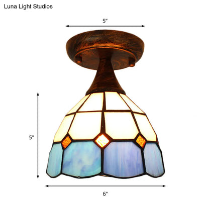 Blue Stained Glass Semi Flush Light: Mini Mediterranean Ceiling Fixture for Corridor