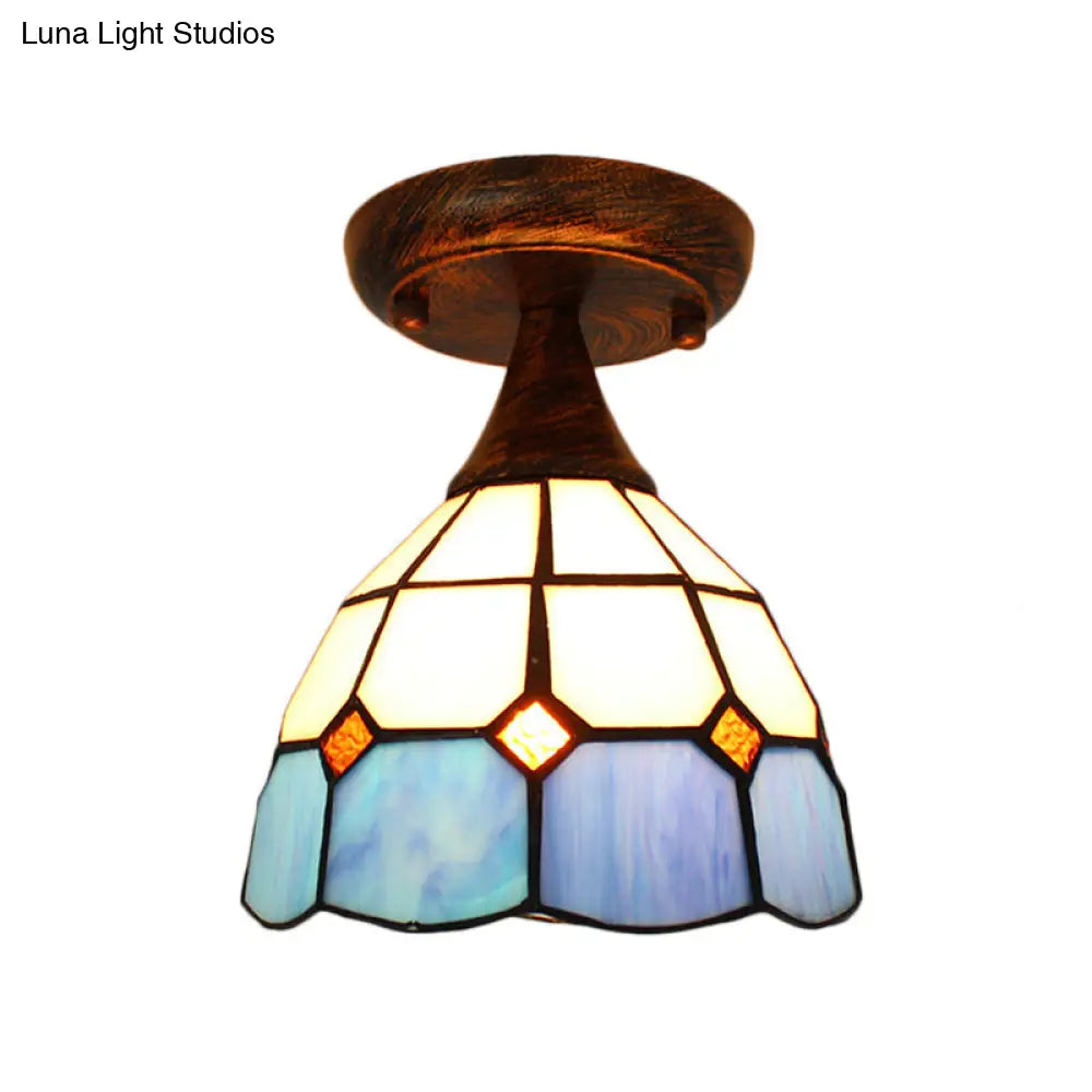 Blue Stained Glass Semi Flush Light: Mini Mediterranean Ceiling Fixture for Corridor